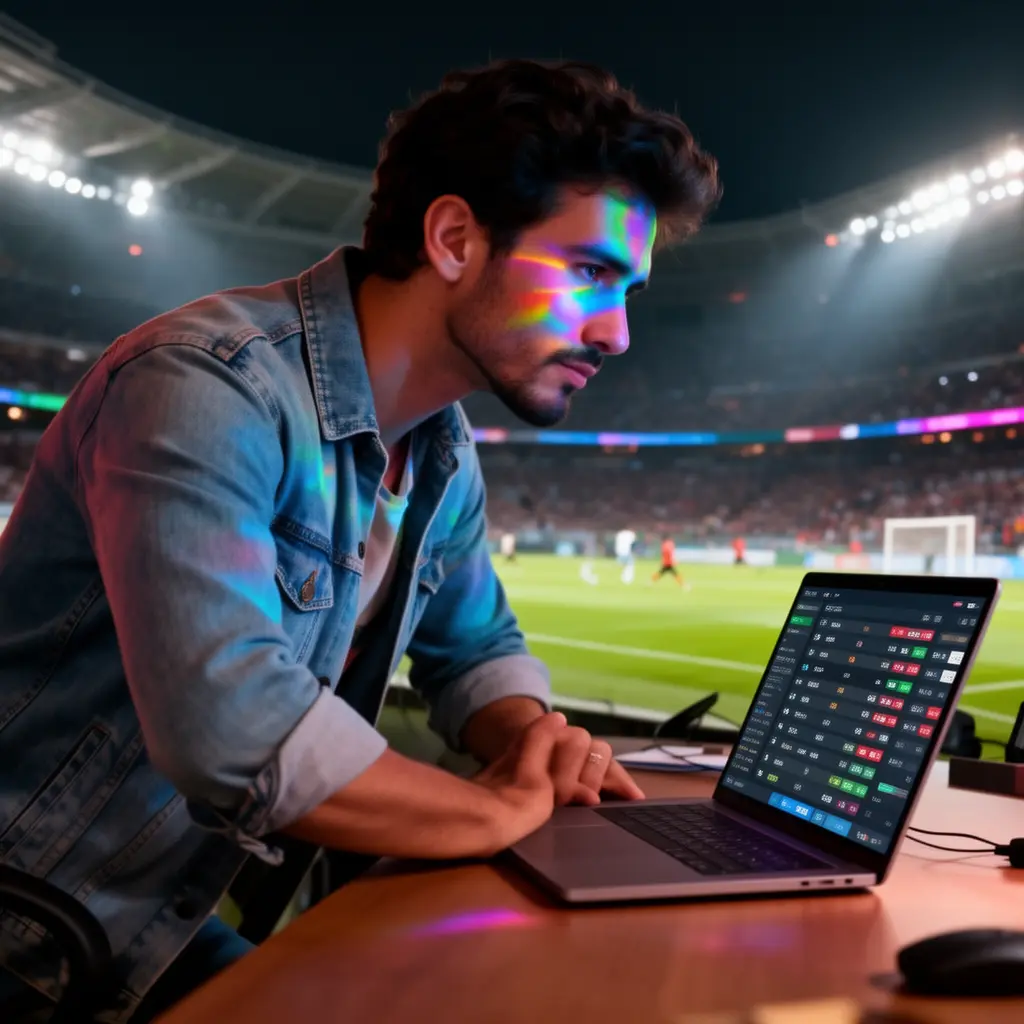Focused Mexican sports bettor reviewing live match data and betting options on a laptop with colorful stadium lights using the 7333 MX platform