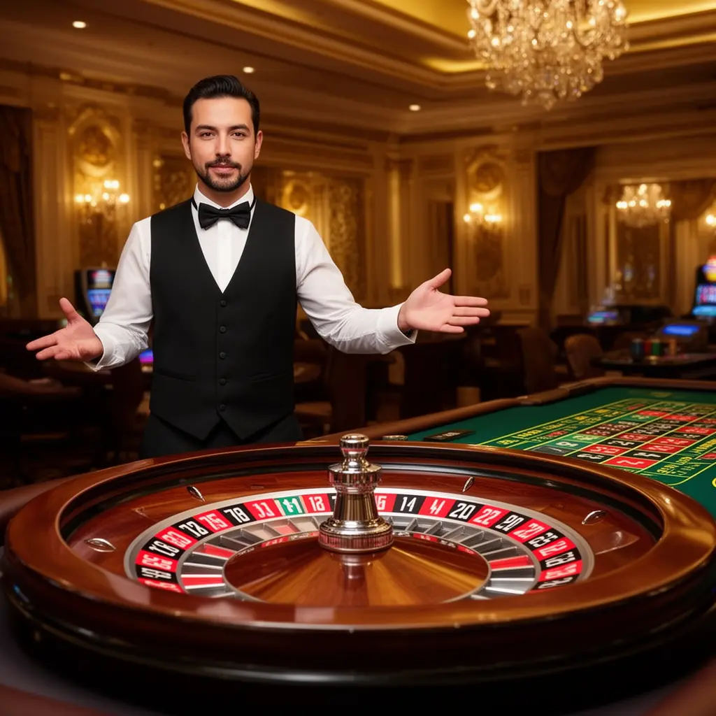 Professional live casino dealer standing at a roulette table inside a luxury casino environment representing the premium live gaming experience at 7333 MX for Mexico